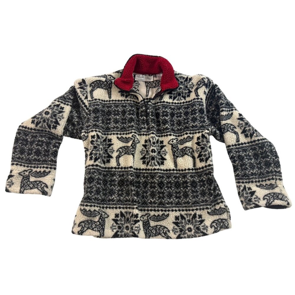 Tasha Polizzi Womens M Fleece Pullover Reindeer Snowflake Nordic Black White w/R
